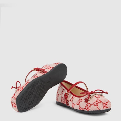 Children's ballet flat with Horsebit - beige and red GG canvas