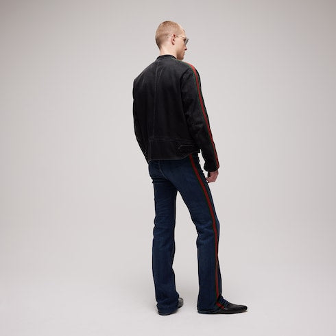 Cotton denim biker jacket with Web - black