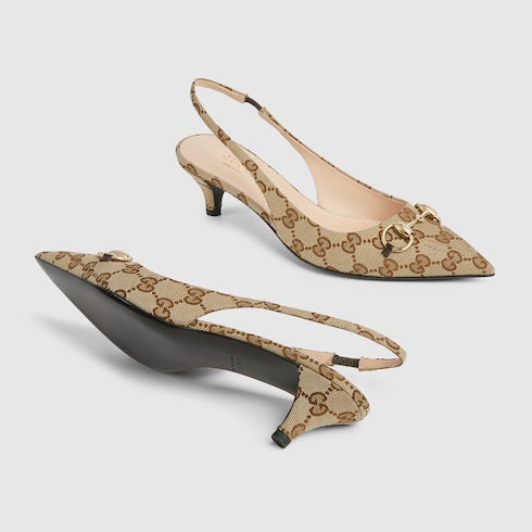 Women's slingback pump with Horsebit - beige and ebony canvas
