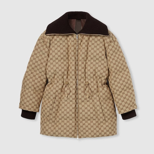 GG canvas puffer jacket - camel and dark brown