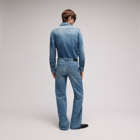 Flared denim pants with Horsebit - light blue