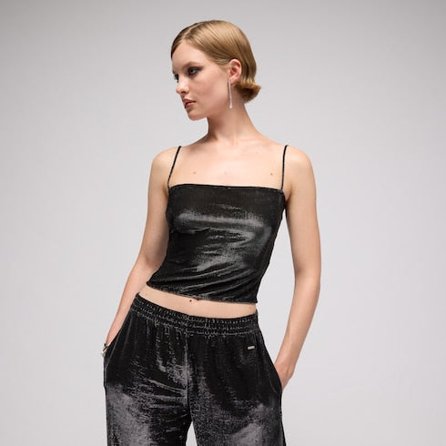 Jersey top with iridescent effect - black