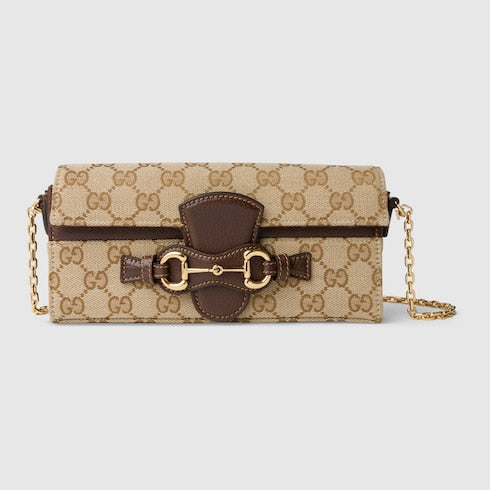 Wallet on chain with Horsebit - sand and brown GG canvas