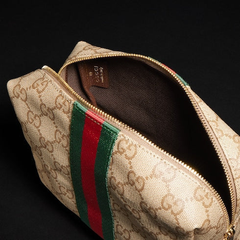 Large cosmetic case with Web - sand and brown GG canvas