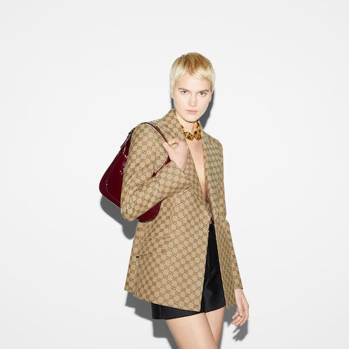 Double-breasted GG canvas jacket - camel and ebony