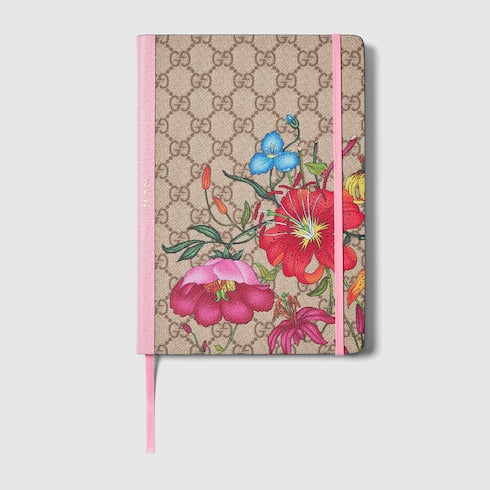 Large GG notebook with print - beige and dark brown