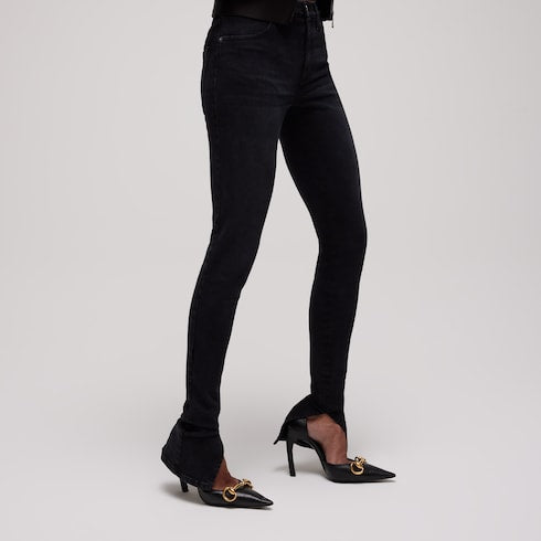 Washed cotton denim skinny pants - black