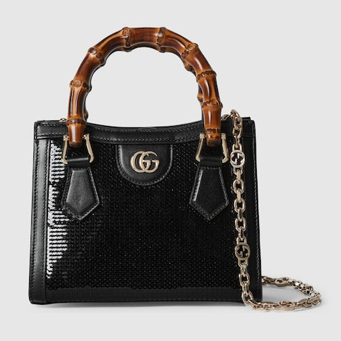 Gucci Diana embroidered small tote bag - black silk satin