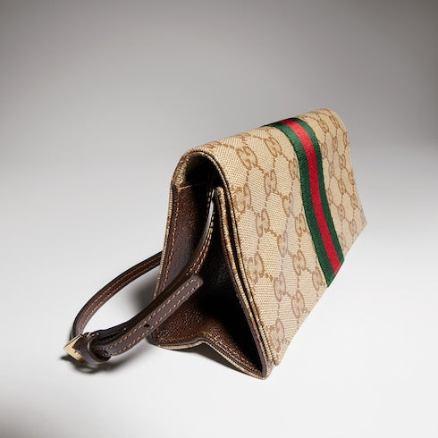 Small pouch with strap and Web - sand and brown GG canvas