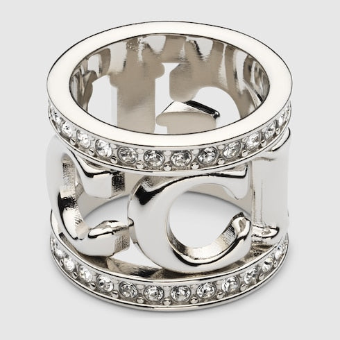 Gucci logo carré ring with crystals - silver-toned