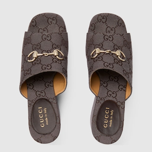 Women's wedge sandal with Horsebit - dark brown GG canvas