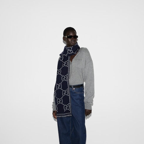 Check GG wool scarf - grey and blue