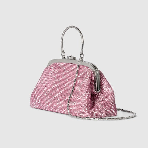 Crystal medium evening top handle bag - pink and silver GG crystal