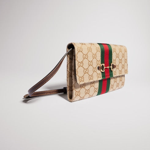 Gucci Horsebit Web wallet with strap - sand and brown GG canvas