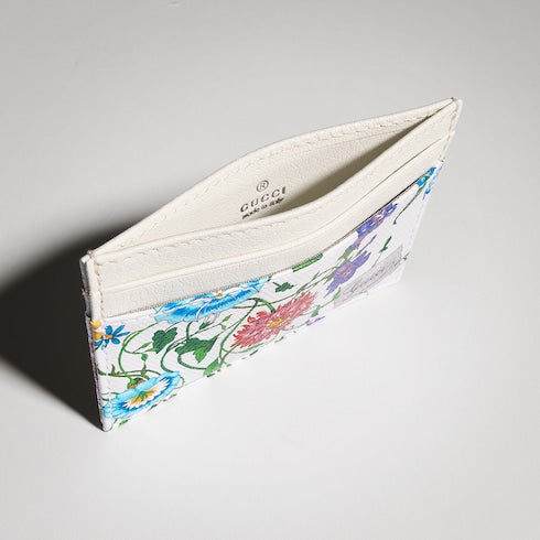 Flora-motif card case - white and multicolor canvas