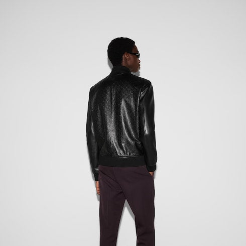 Embossed GG leather bomber jacket - black