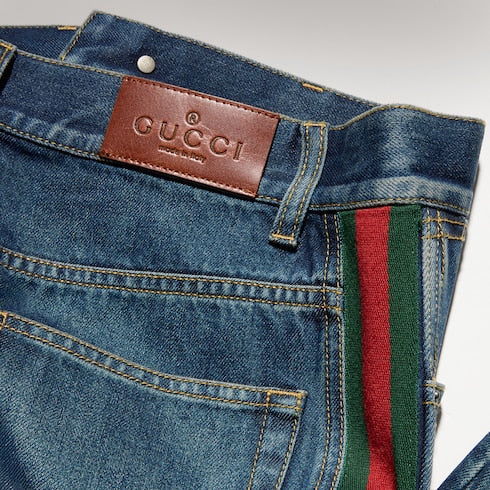 Cotton denim pants with Web insert - blue