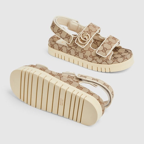 Women's sandal with Double G - beige and dark brown GG canvas