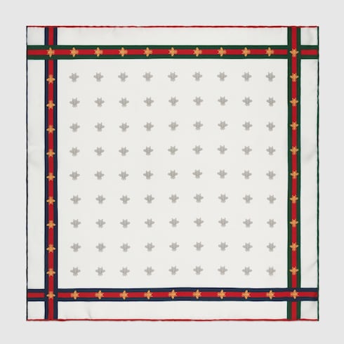 White Silk Bee Pattern Pocket Square - White Silk