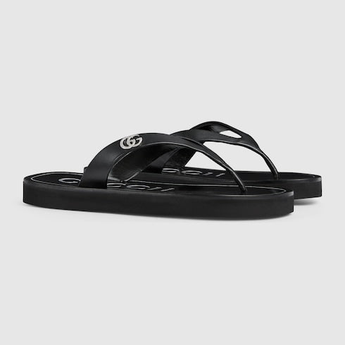 Women's thong sandal with Double G - black leather