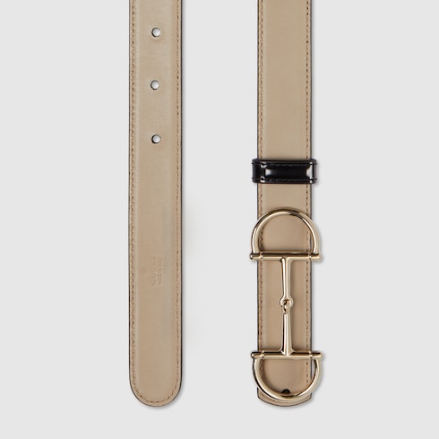 Reversible thin belt with Horsebit - black and beige leather