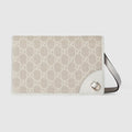 GG Emblem wallet with leather strap - beige and white fabric