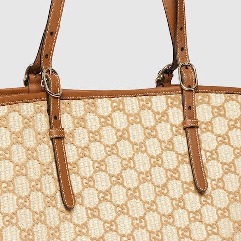 Woven large tote bag - natural and brown fabric