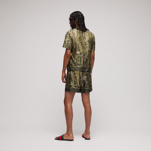 Printed silk bowling shirt - dark green and beige
