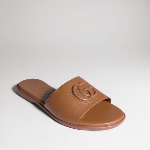 Women's slide sandal with Double G - brown leather