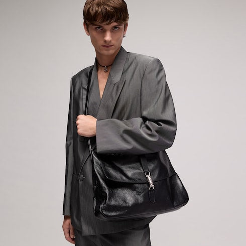 Jackie Flap large crossbody bag - black grainy leather