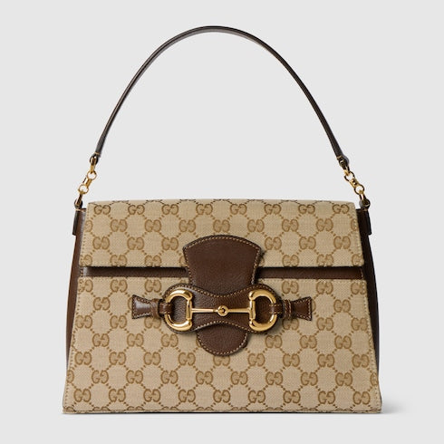 Horsebit Duomo medium top handle bag - sand and brown GG canvas