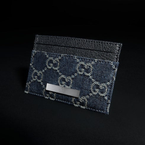 Card case with Gucci plaque - dark blue GG denim