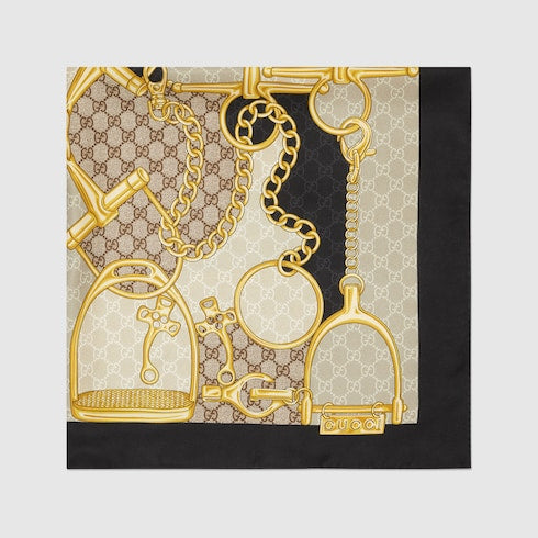 Printed silk twill carré - black and beige