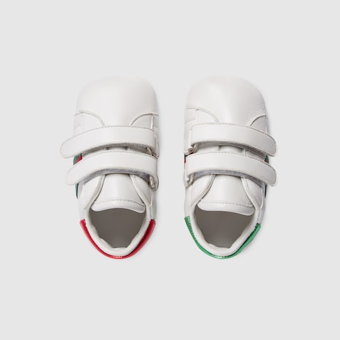Baby Ace Sneaker White Leather Velcro With Green & Red Web
