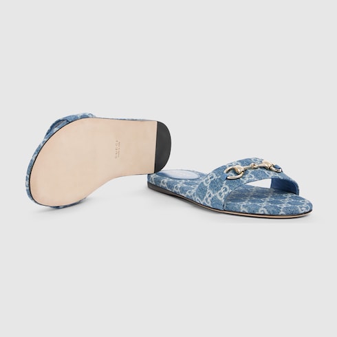 Women's slide sandal with Horsebit - blue GG denim