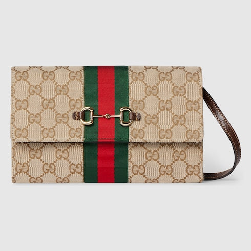 Gucci Horsebit Web wallet with strap - sand and brown GG canvas