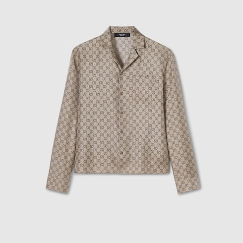 Printed silk twill bowling shirt - beige and dark brown