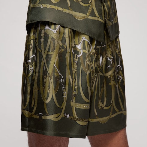 Printed silk twill shorts - dark green and beige