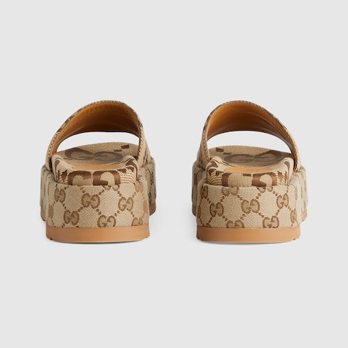 Women's platform slide sandal - camel and dark brown maxi GG canvas