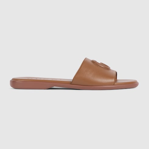 Women's slide sandal with Double G - brown leather
