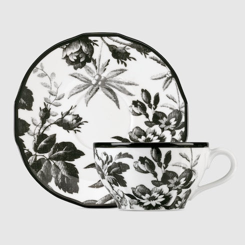 Herbarium teacup and saucer, set of two - black and white porcelain