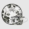 Herbarium teacup and saucer, set of two - black and white porcelain