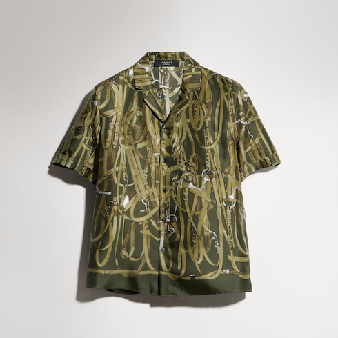 Printed silk bowling shirt - dark green and beige