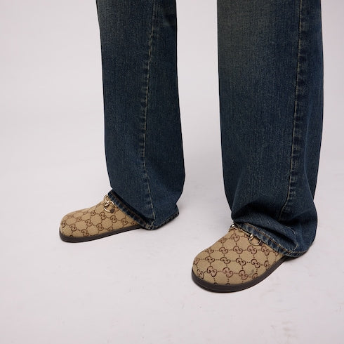 Women's mule with Horsebit - camel and dark brown GG canvas