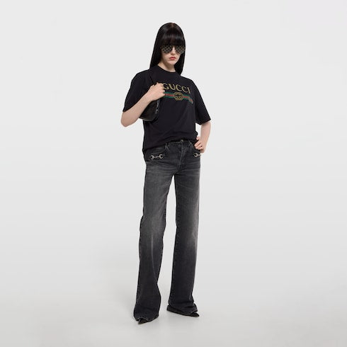 Cotton jersey and silk T-shirt with print - black