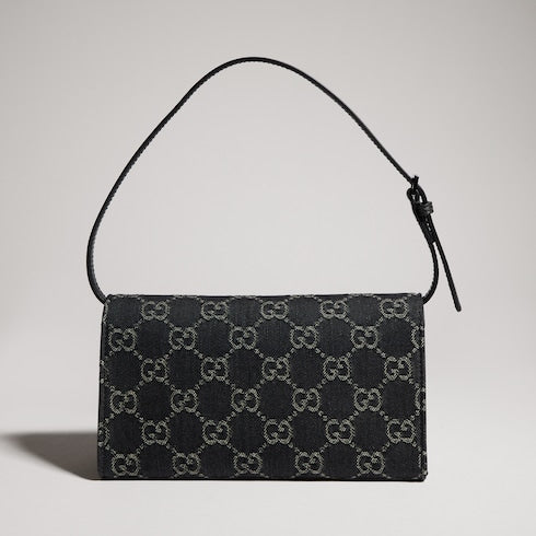 Small pouch with strap and Gucci plaque - black GG denim