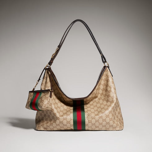 Large shoulder bag with Web - sand and brown GG canvas