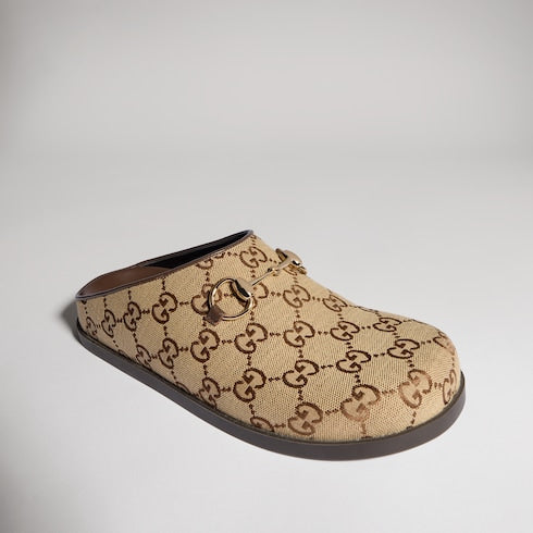 Women's mule with Horsebit - camel and dark brown GG canvas