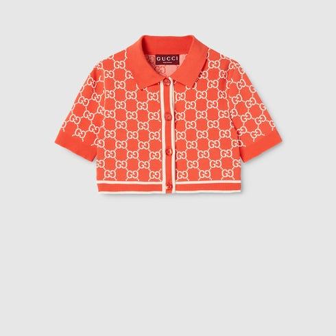 GG cotton jacquard cropped cardigan - orange and ivory
