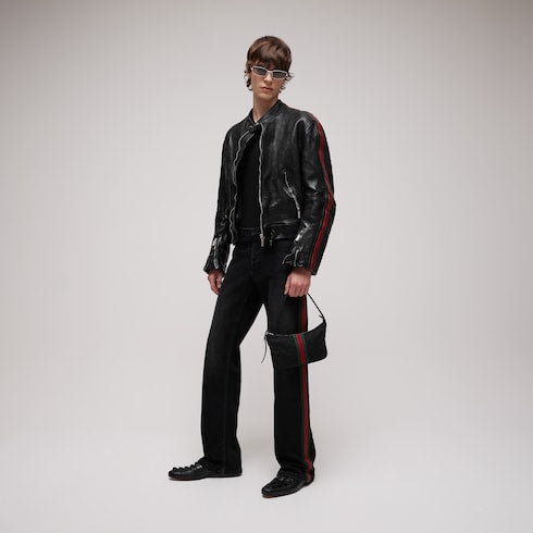 Buffalo leather biker jacket with Web - black
